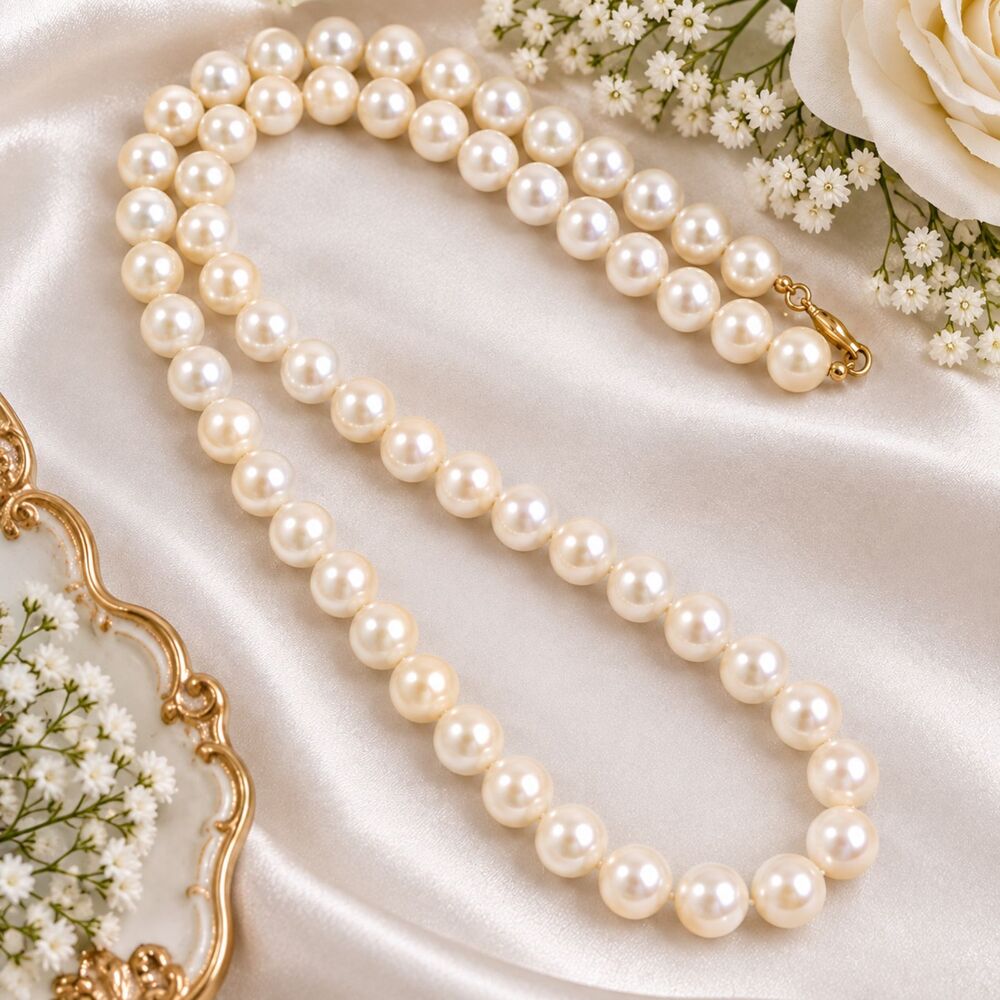 Vintage RMN Signed Long White Faux Pearl Necklace